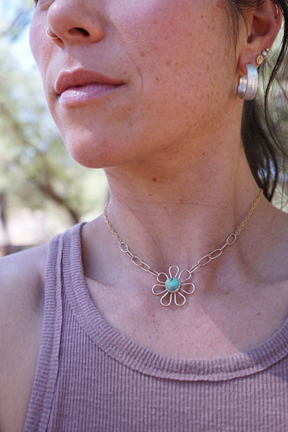 flower child necklace in 14k goldfill with blackjack turquoise