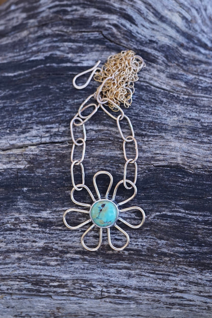flower child necklace in 14k goldfill with blackjack turquoise