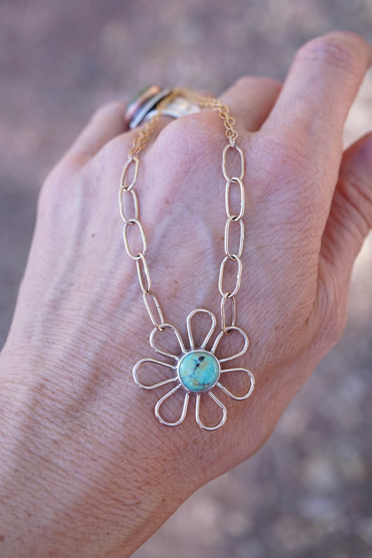 flower child necklace in 14k goldfill with blackjack turquoise