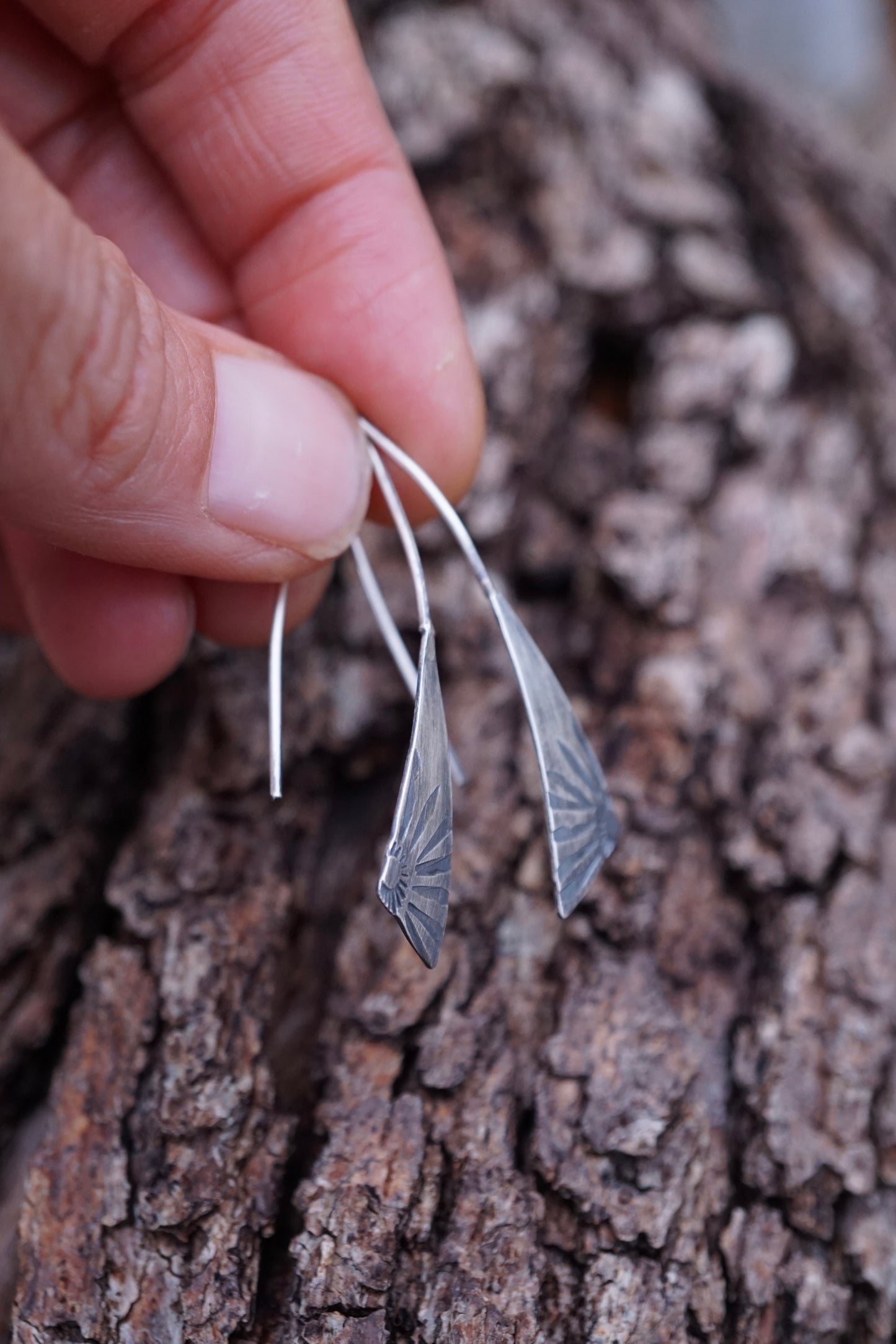 silver stamped floral earrings