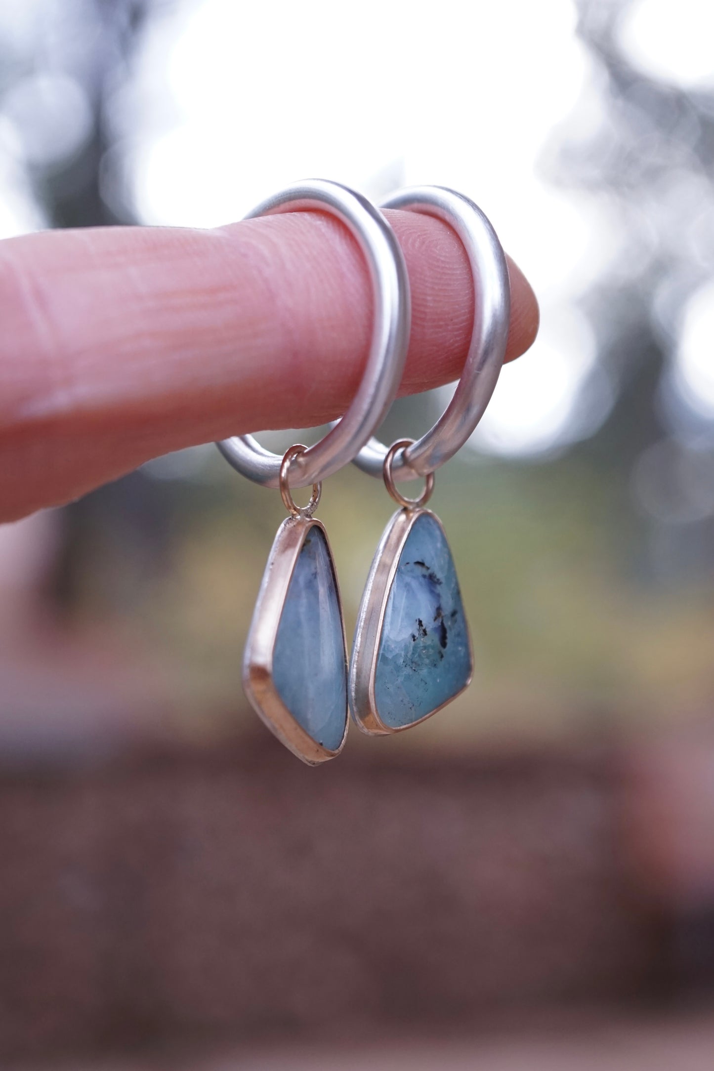 charm hoops with peruvian opal in silver + 14k goldfill