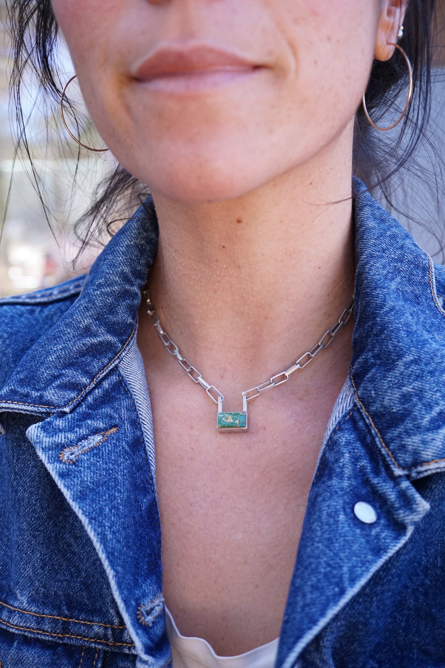 the choker - handmade rectangle chain + royston turquoise 15.5"