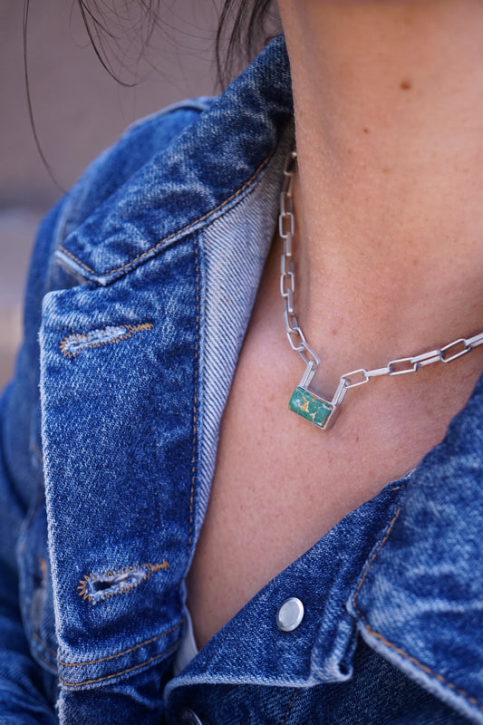 the choker - handmade rectangle chain + royston turquoise 15.5"