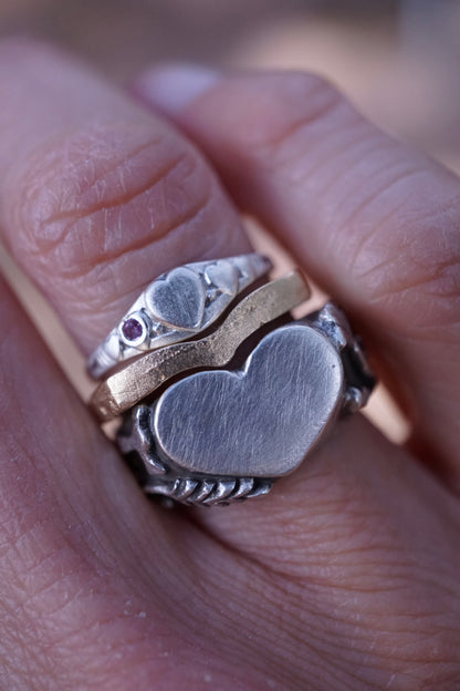 *refreshed collection* silver mini signet heart ring with ruby - size 5.75