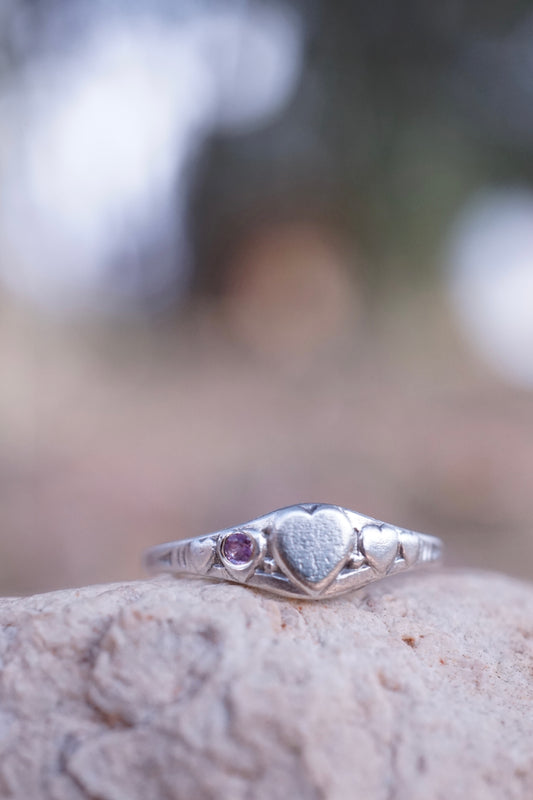 *refreshed collection* silver mini signet heart ring with ruby - size 5.75