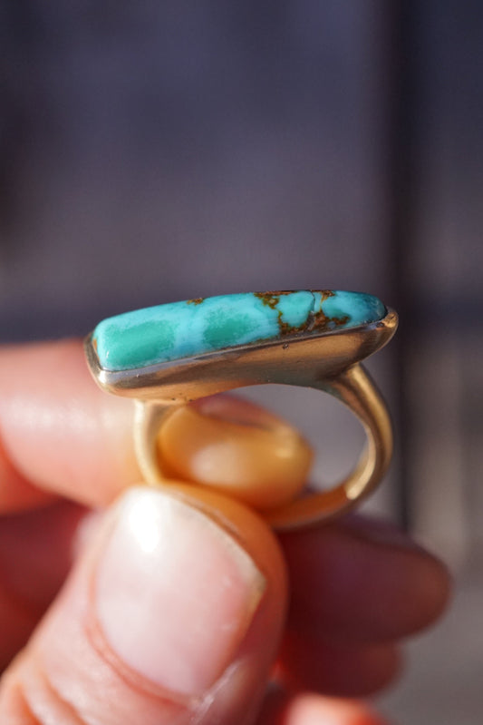 solid 18k gold + high grade royston turquoise one-of-a-kind statement ring size 6 - deeply discounted for repaired flaw