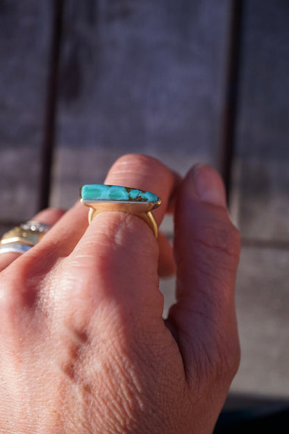 solid 18k gold + high grade royston turquoise one-of-a-kind statement ring size 6 - deeply discounted for repaired flaw