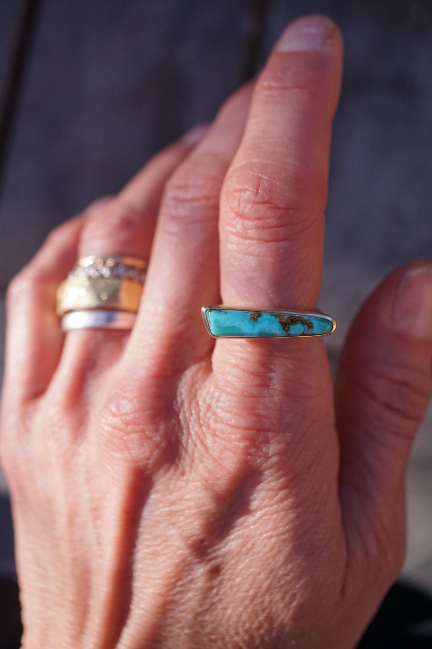 solid 18k gold + high grade royston turquoise one-of-a-kind statement ring size 6 - deeply discounted for repaired flaw