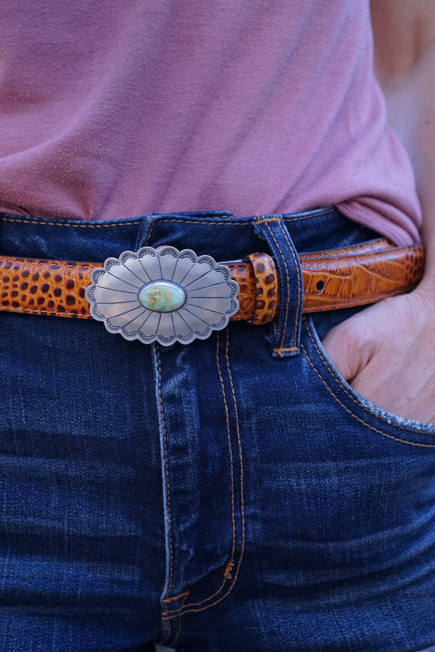 scalloped silver belt buckle with royston turquoise -comes with full grain leather belt