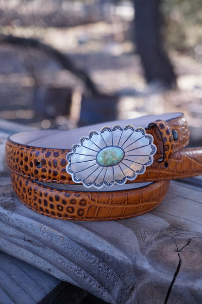 scalloped silver belt buckle with royston turquoise -comes with full grain leather belt