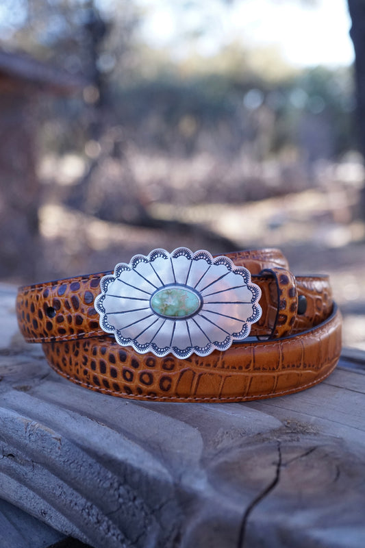 scalloped silver belt buckle with royston turquoise -comes with full grain leather belt