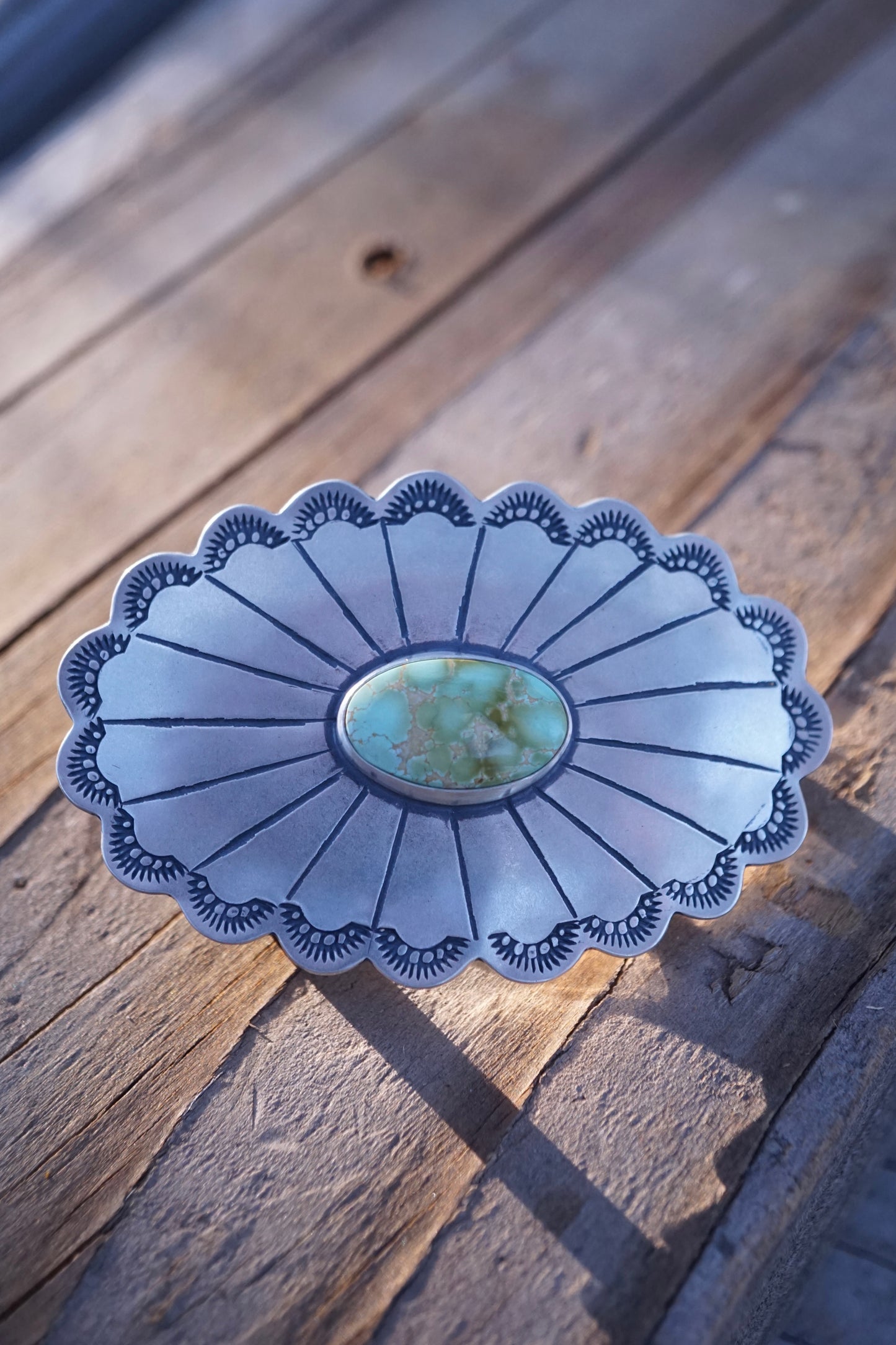 scalloped silver belt buckle with royston turquoise -comes with full grain leather belt