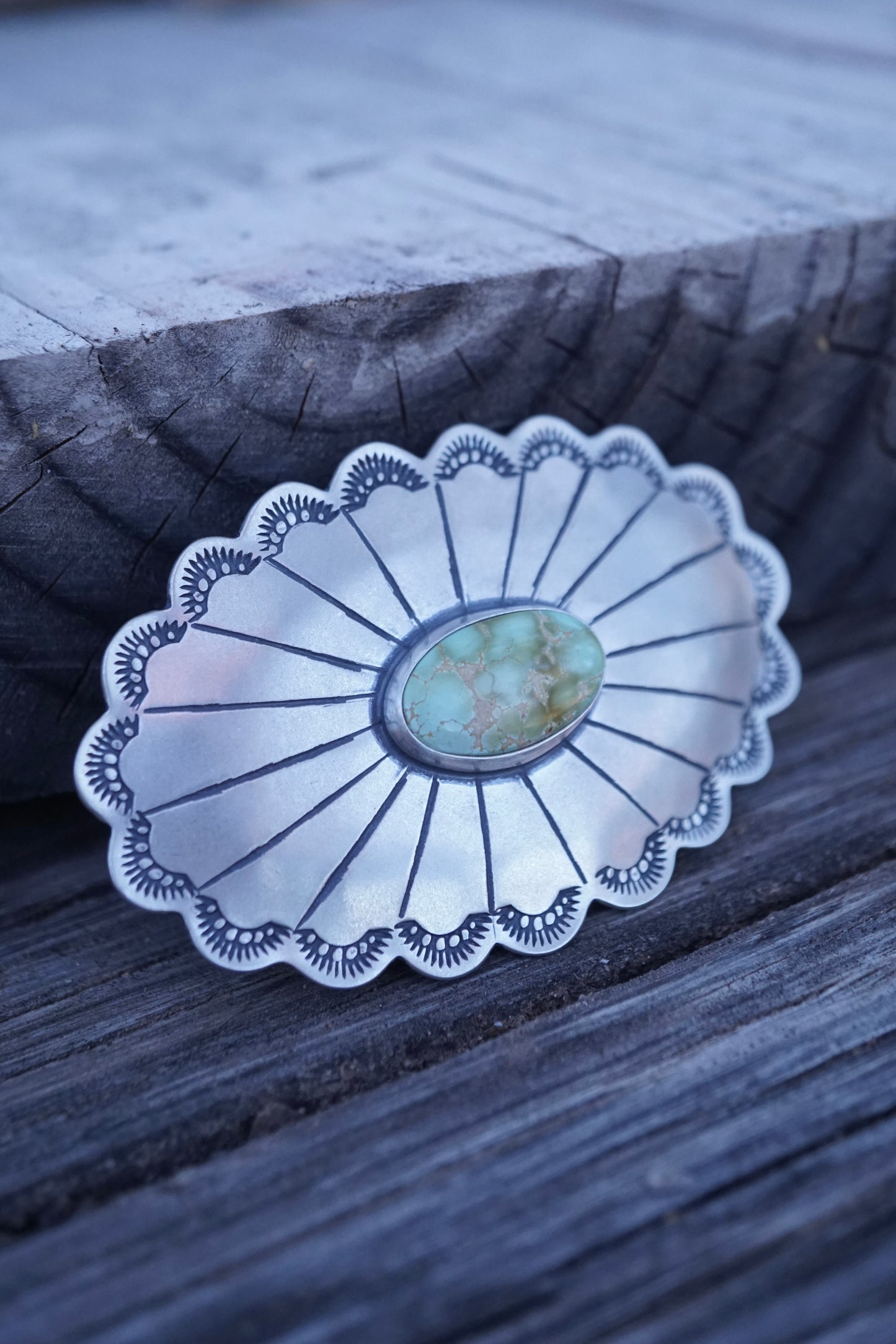 scalloped silver belt buckle with royston turquoise -comes with full grain leather belt