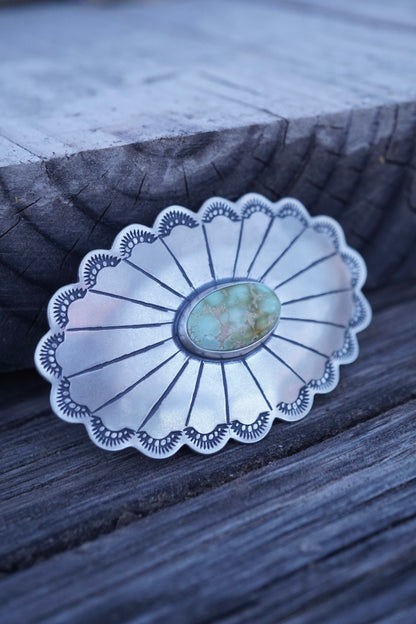 scalloped silver belt buckle with royston turquoise -comes with full grain leather belt