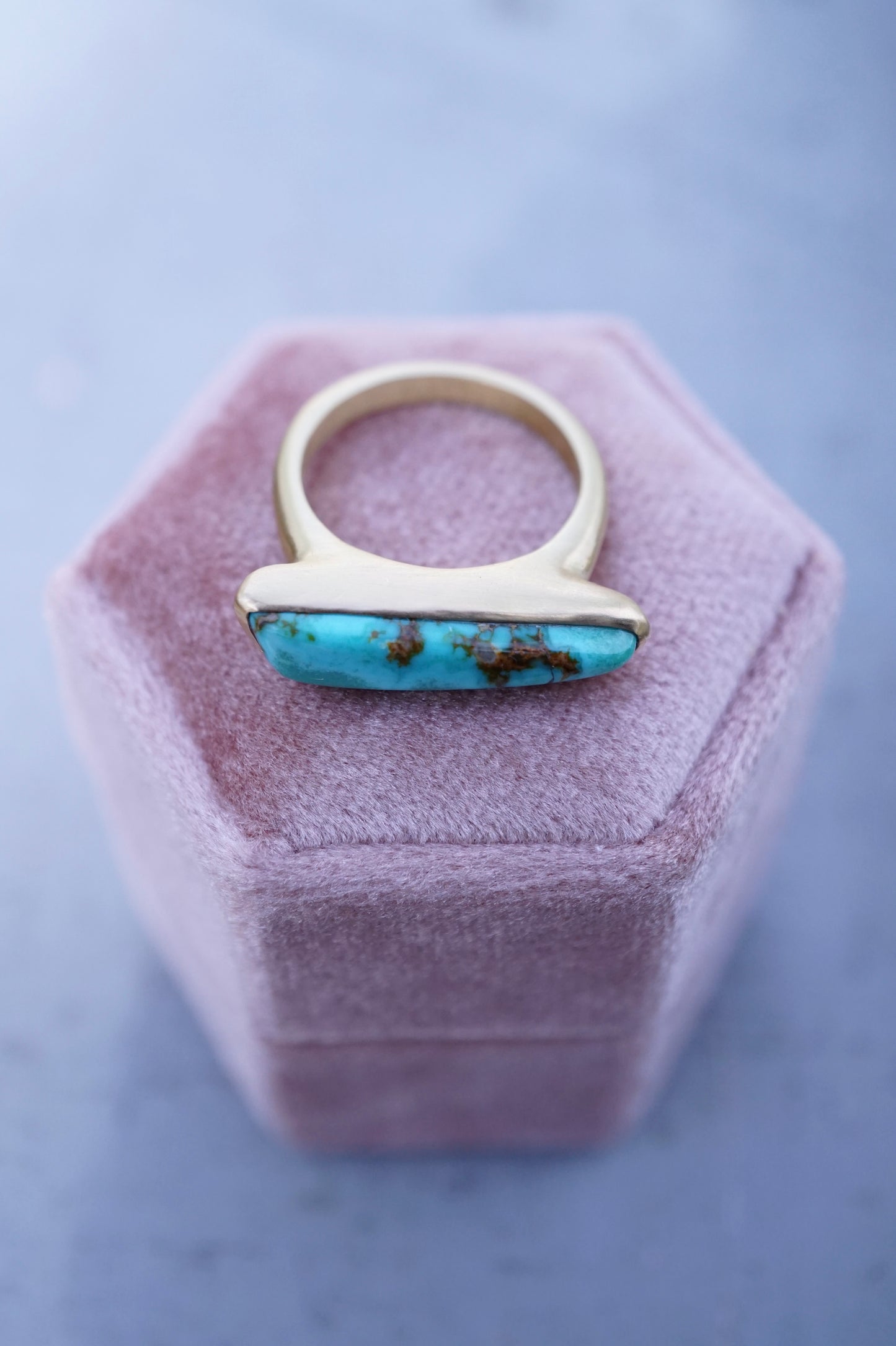 solid 18k gold + high grade royston turquoise one-of-a-kind statement ring size 6 - deeply discounted for repaired flaw