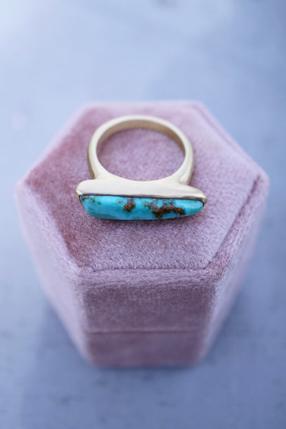 solid 18k gold + high grade royston turquoise one-of-a-kind statement ring size 6 - deeply discounted for repaired flaw