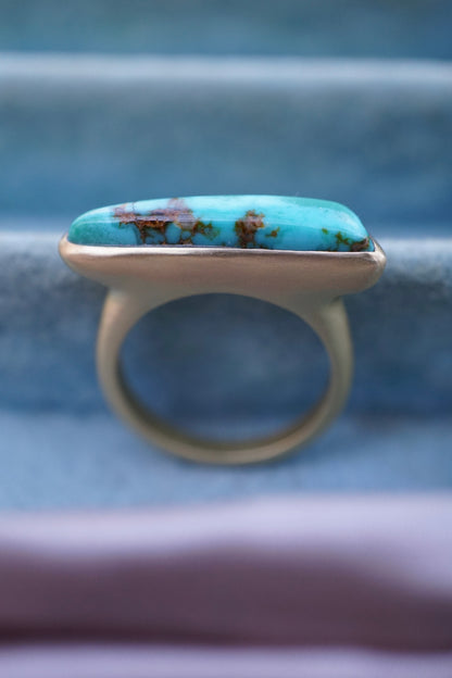 solid 18k gold + high grade royston turquoise one-of-a-kind statement ring size 6 - deeply discounted for repaired flaw