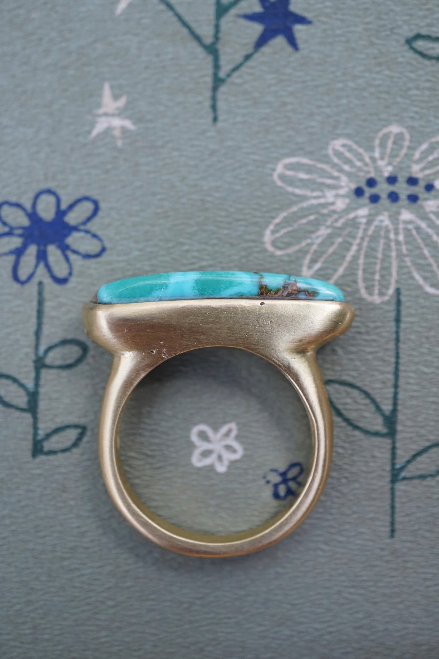 solid 18k gold + high grade royston turquoise one-of-a-kind statement ring size 6 - deeply discounted for repaired flaw
