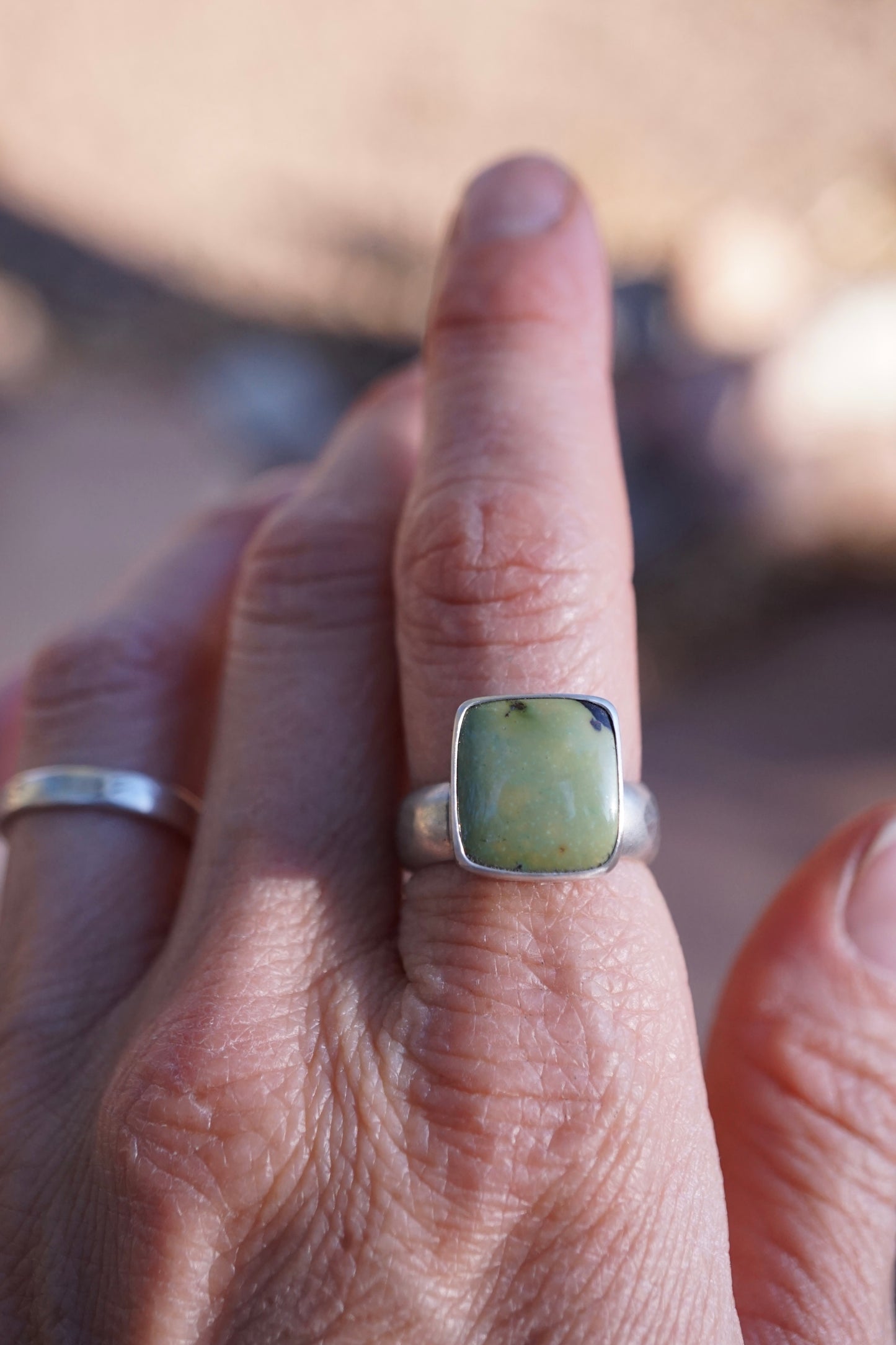 mossy green chinese turquoise square ring - size 7/7.25