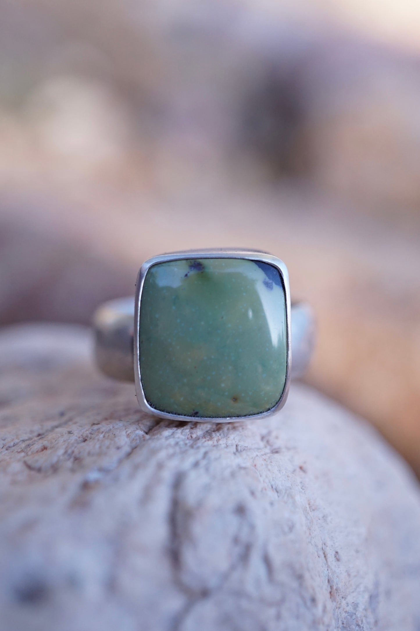 mossy green chinese turquoise square ring - size 7/7.25