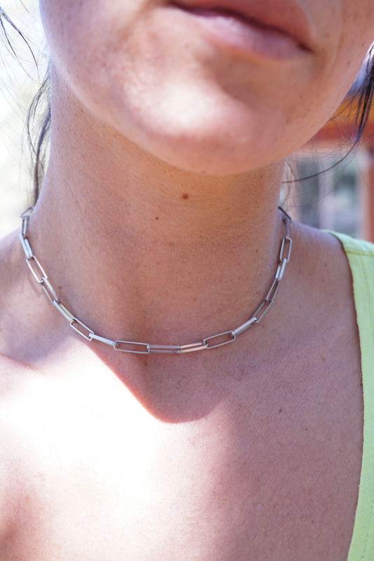 handmade sterling rectangle chain choker -  15.25"