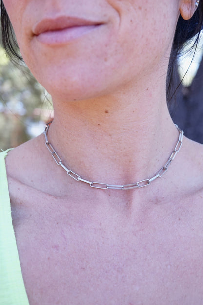 handmade sterling rectangle chain choker -  15.25"