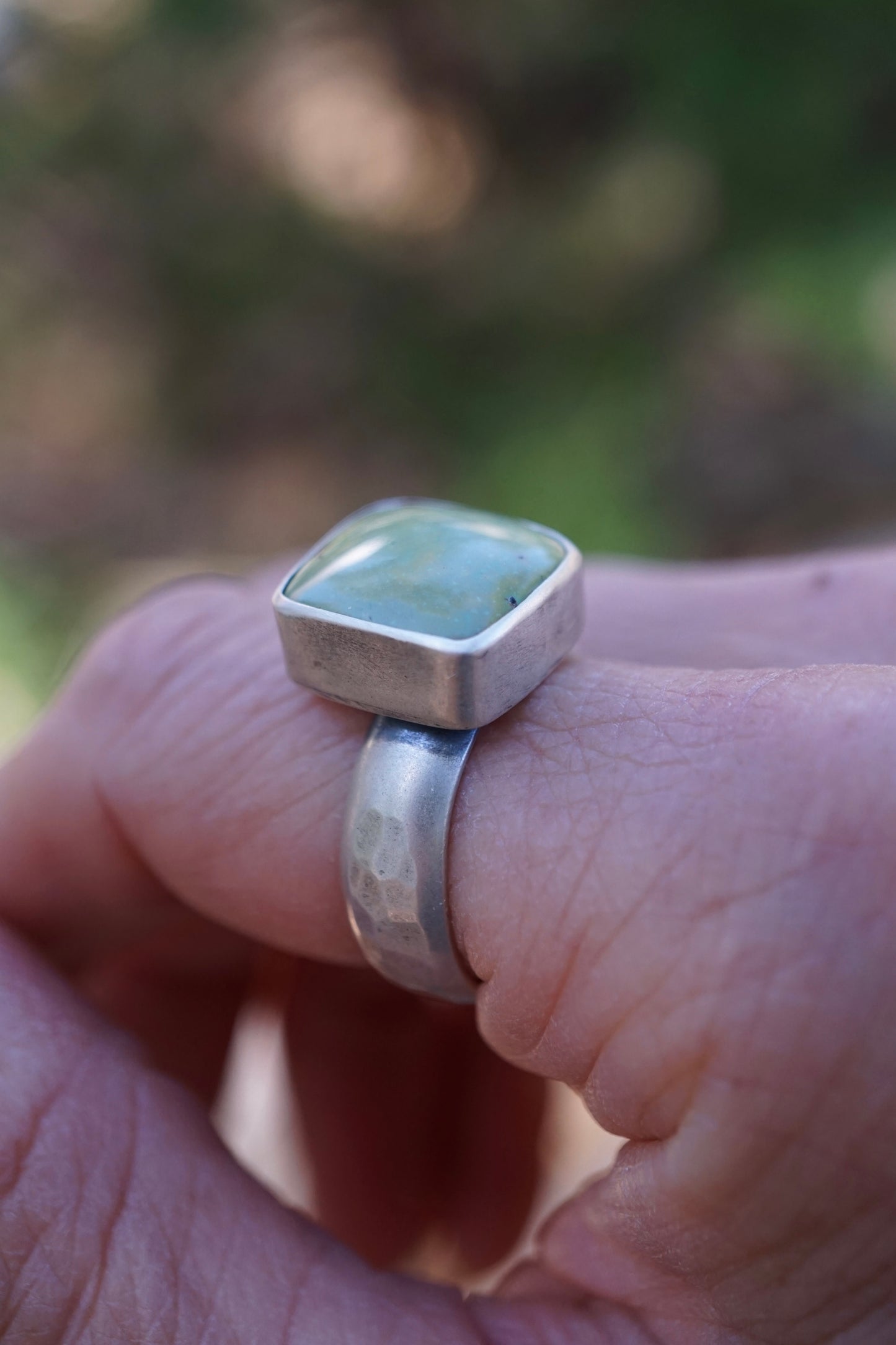 mossy green chinese turquoise square ring - size 7/7.25