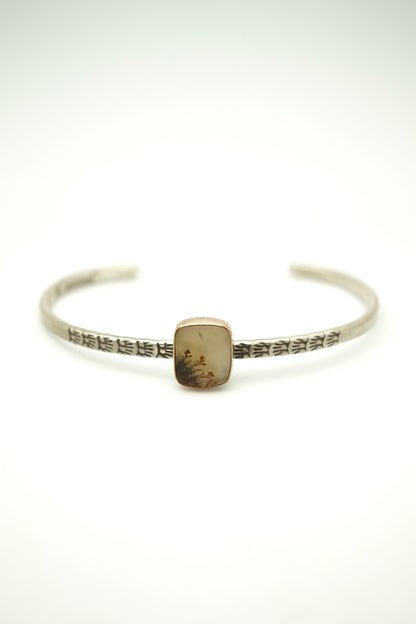 stamped stacking cuff with dendritic agate in 14k goldfill bezel