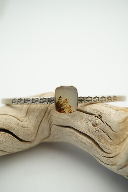 stamped stacking cuff with dendritic agate in 14k goldfill bezel