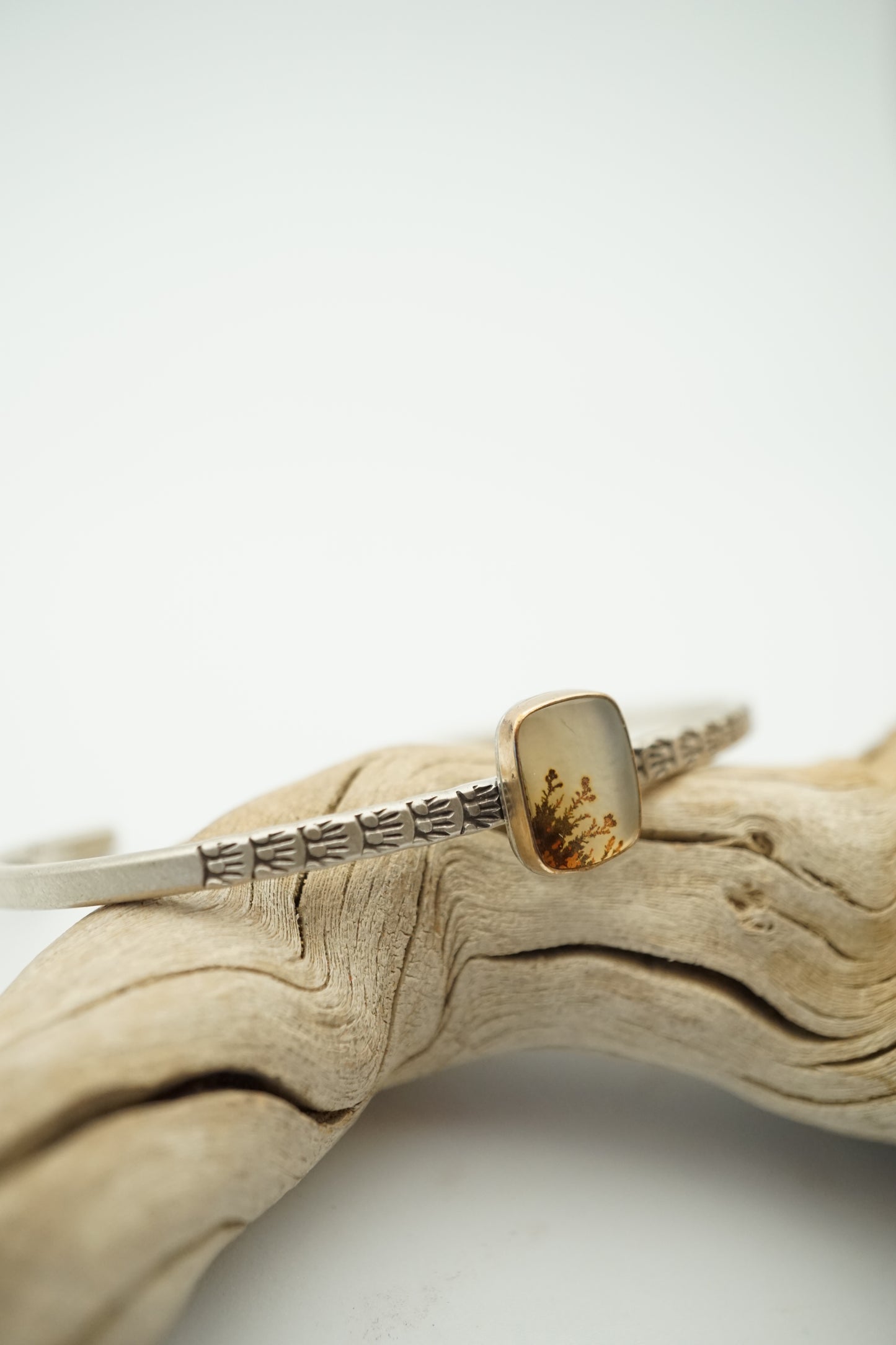 stamped stacking cuff with dendritic agate in 14k goldfill bezel