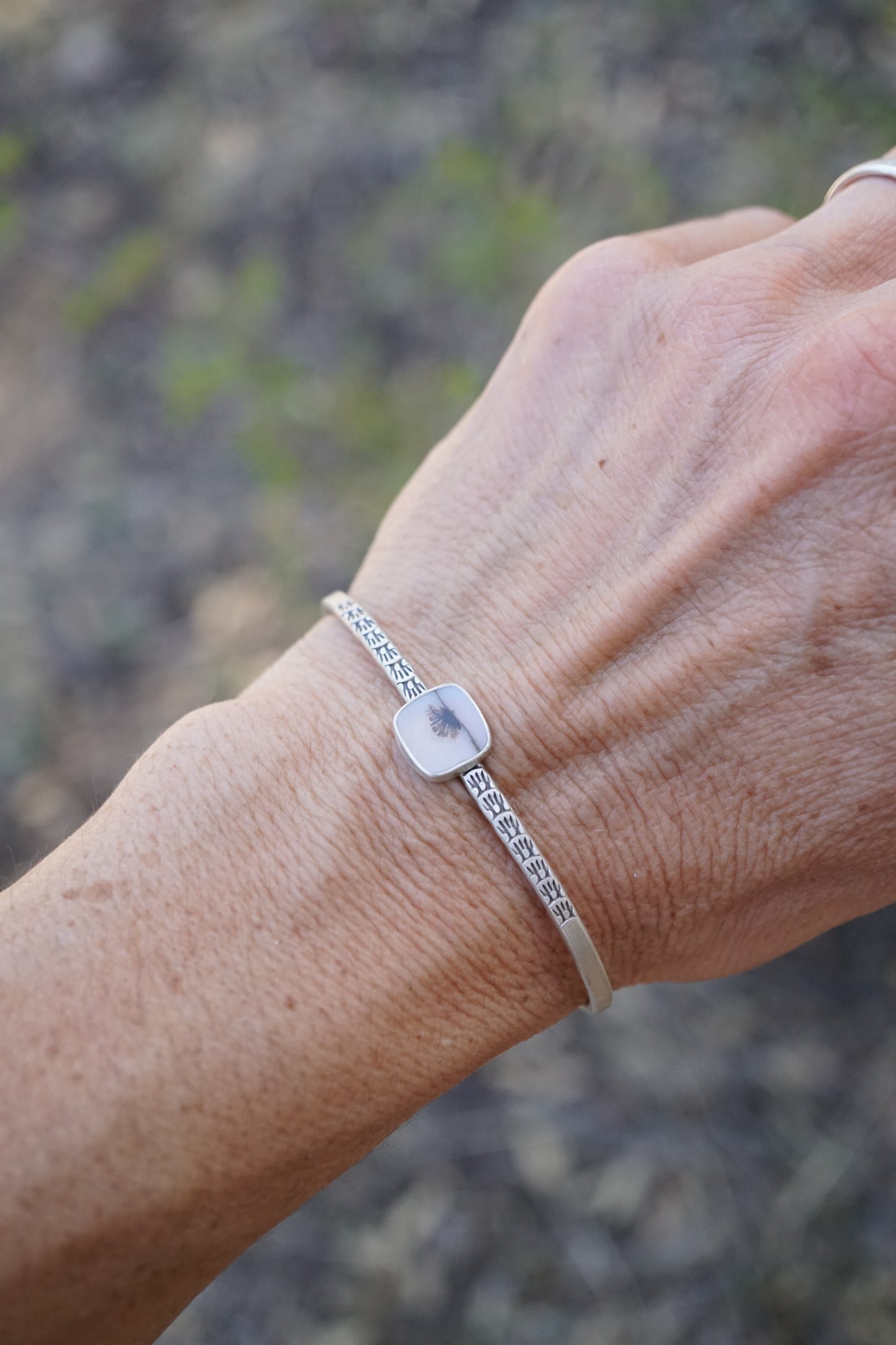 stamped stacking cuff with dendritic agate