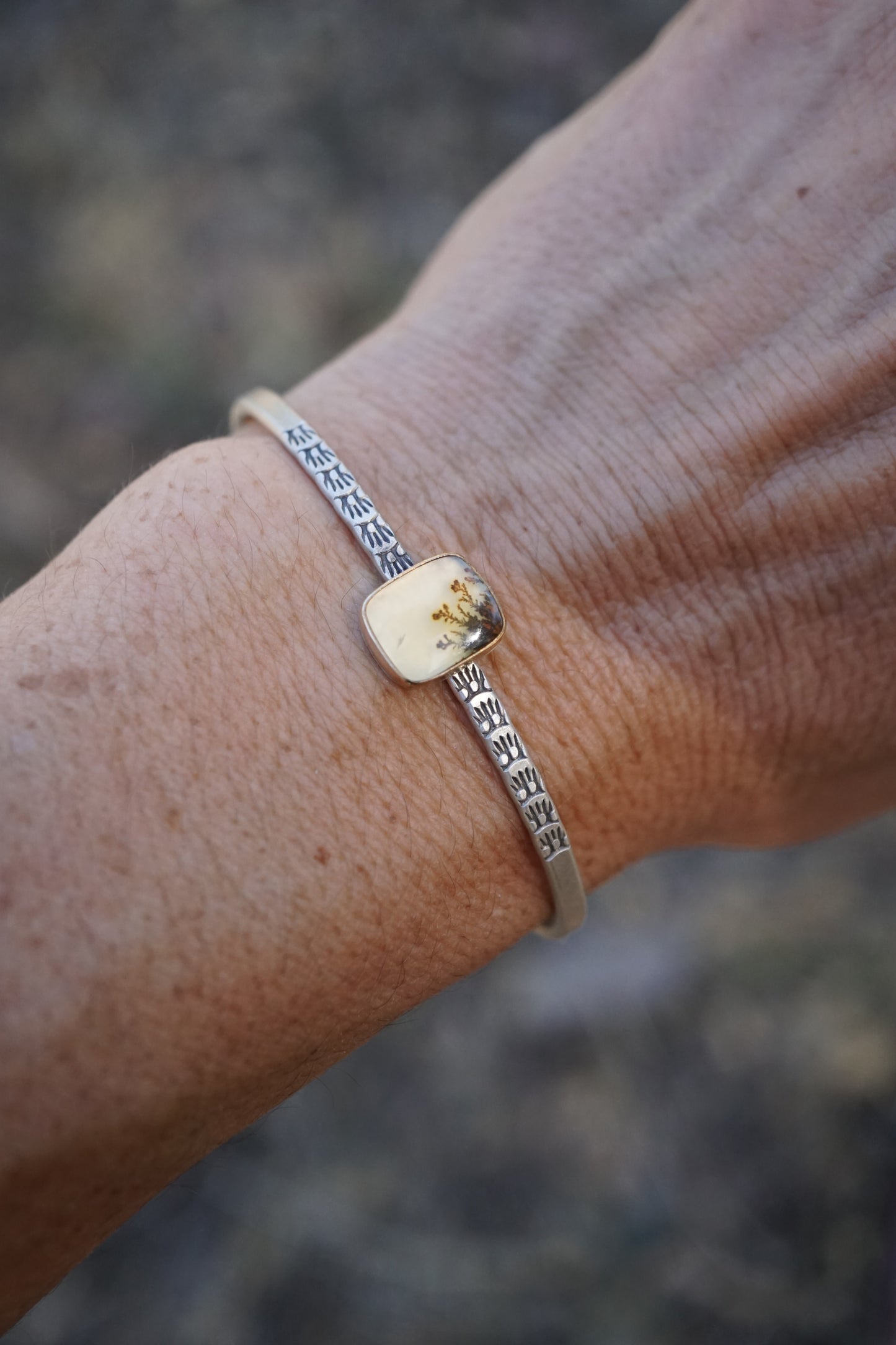 stamped stacking cuff with dendritic agate in 14k goldfill bezel