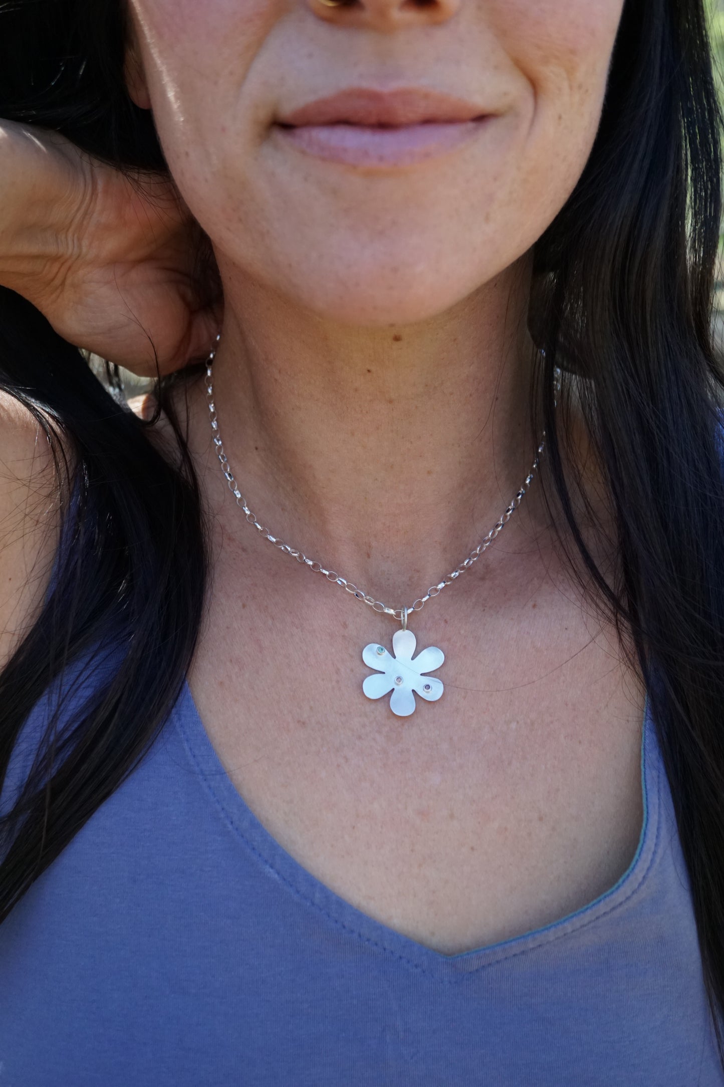 big silver retro flower pendant with multi-colored stones - NO CHAIN INCLUDED