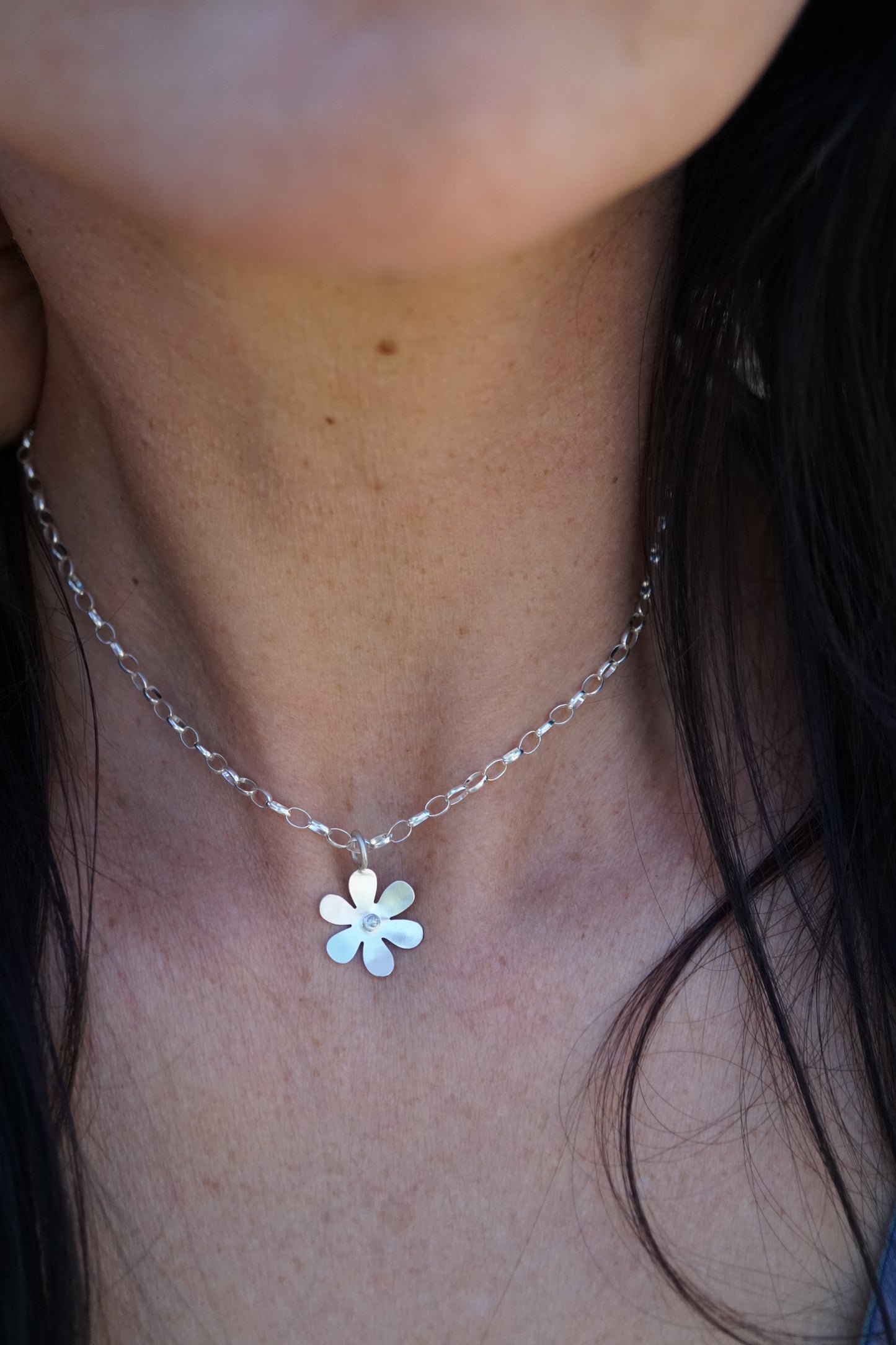 silver retro flower pendant with white sapphire - NO CHAIN INCLUDED