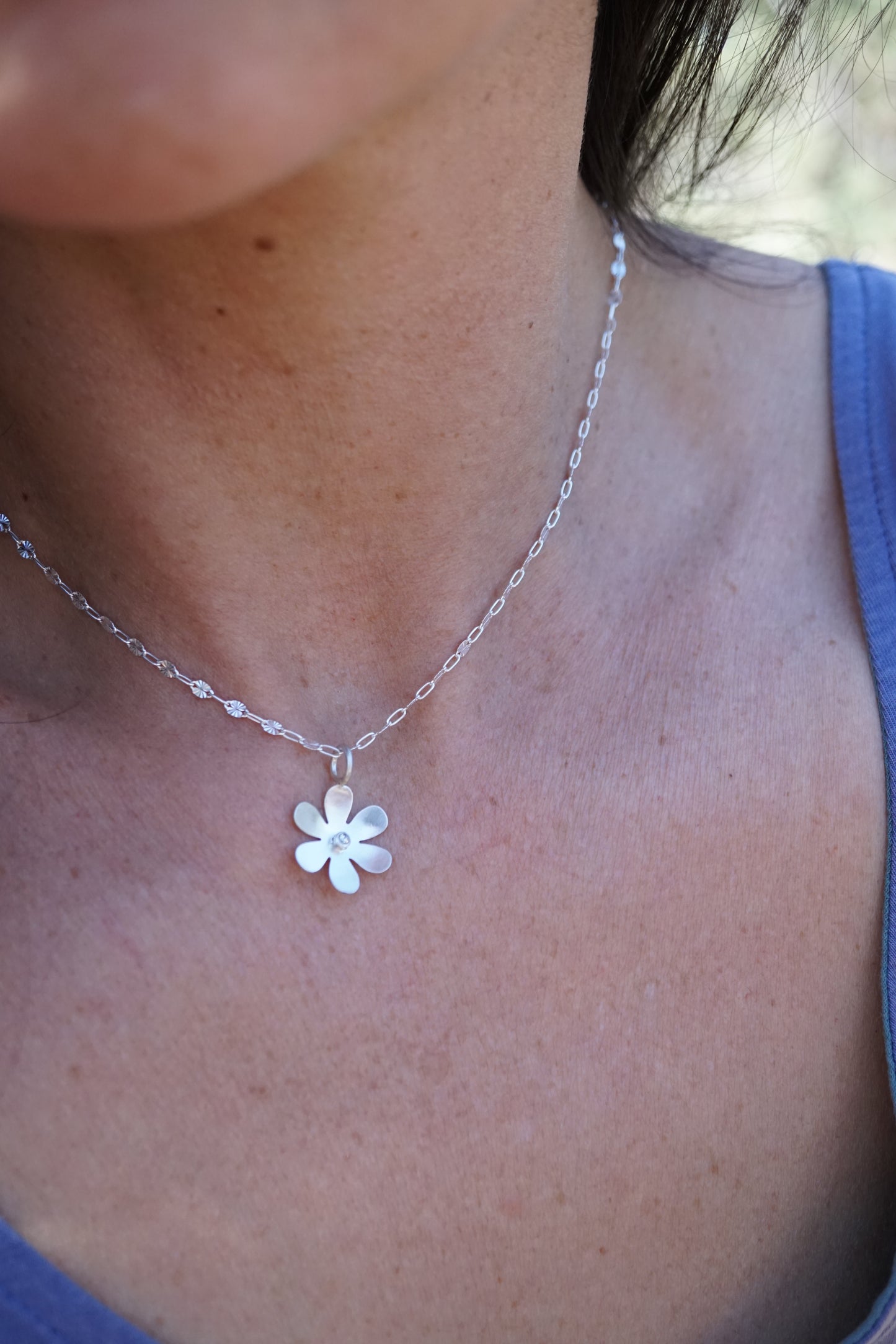 silver retro flower pendant with white sapphire - NO CHAIN INCLUDED