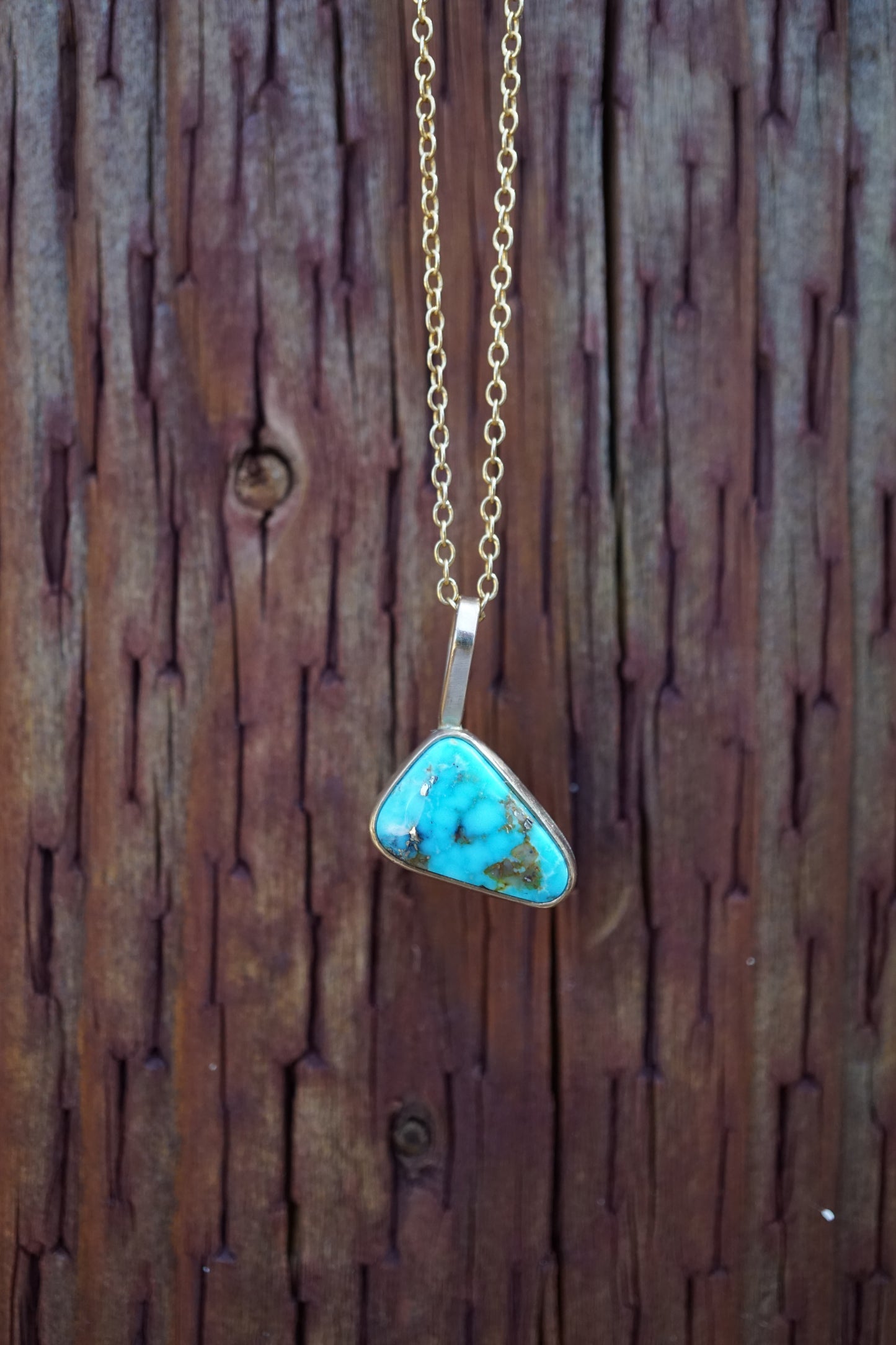 kingman turquoise asymmetrical triangle necklace in 14k goldfill