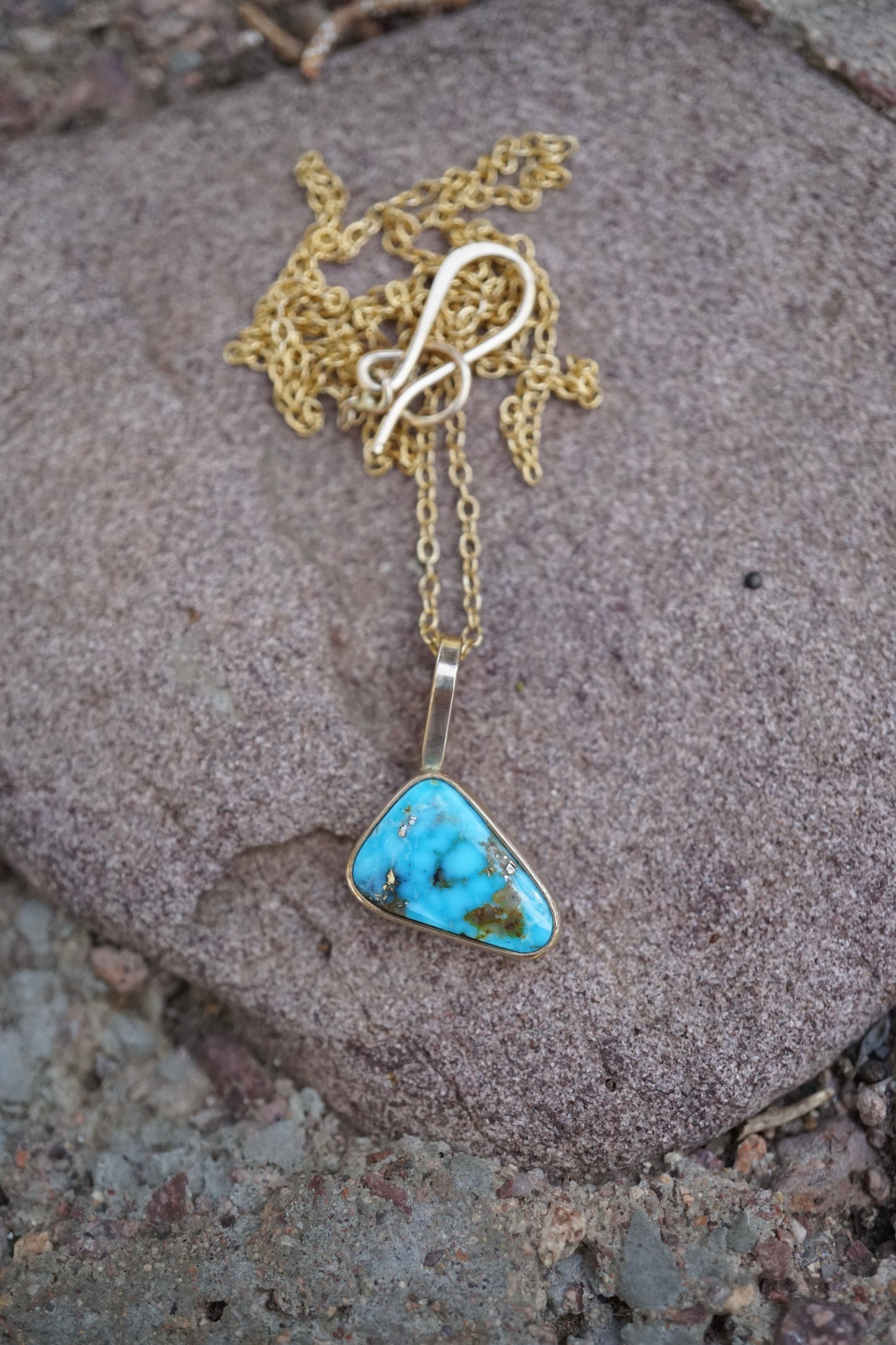 kingman turquoise asymmetrical triangle necklace in 14k goldfill