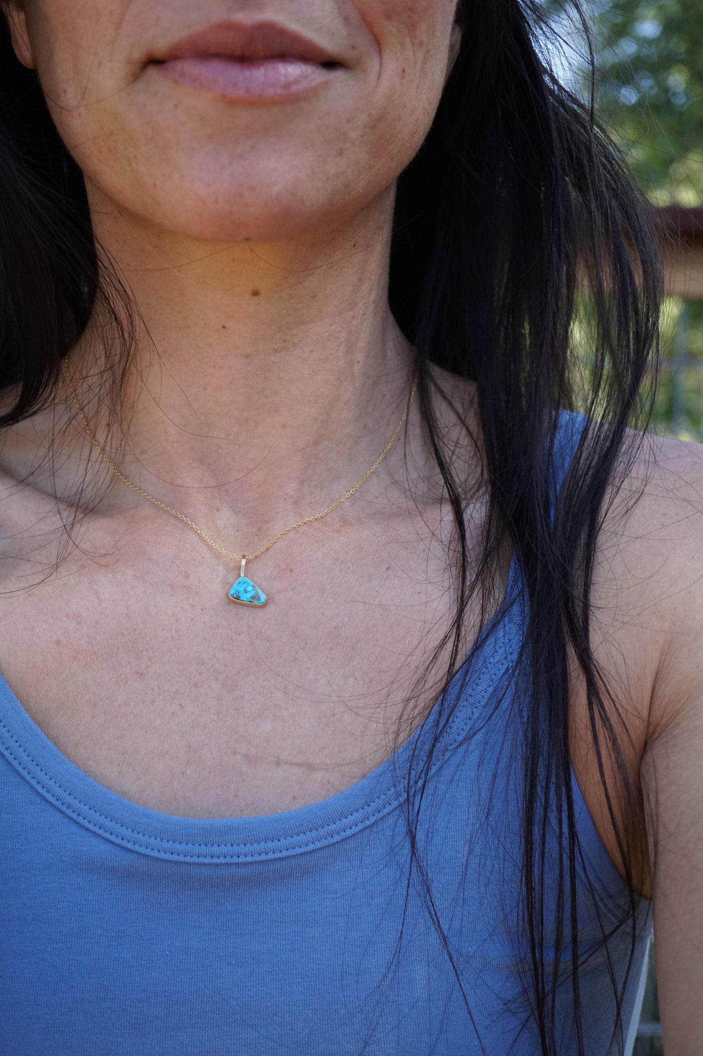 kingman turquoise asymmetrical triangle necklace in 14k goldfill