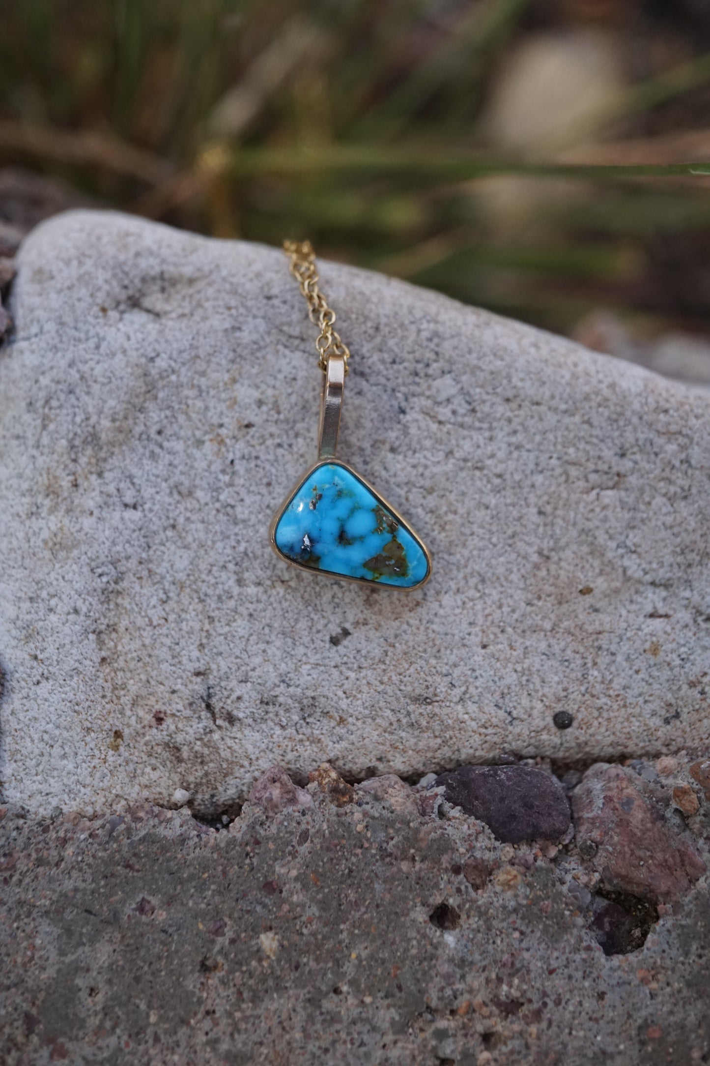 kingman turquoise asymmetrical triangle necklace in 14k goldfill