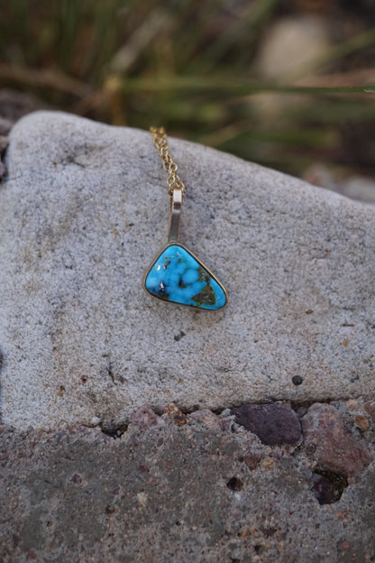 kingman turquoise asymmetrical triangle necklace in 14k goldfill