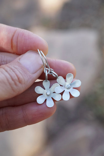 silver retro flower dangles with white sapphires