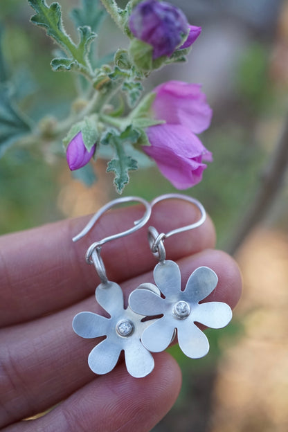 silver retro flower dangles with white sapphires