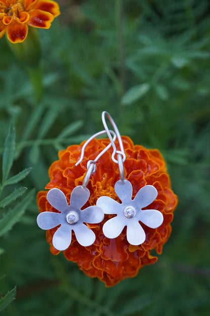 silver retro flower dangles with white sapphires