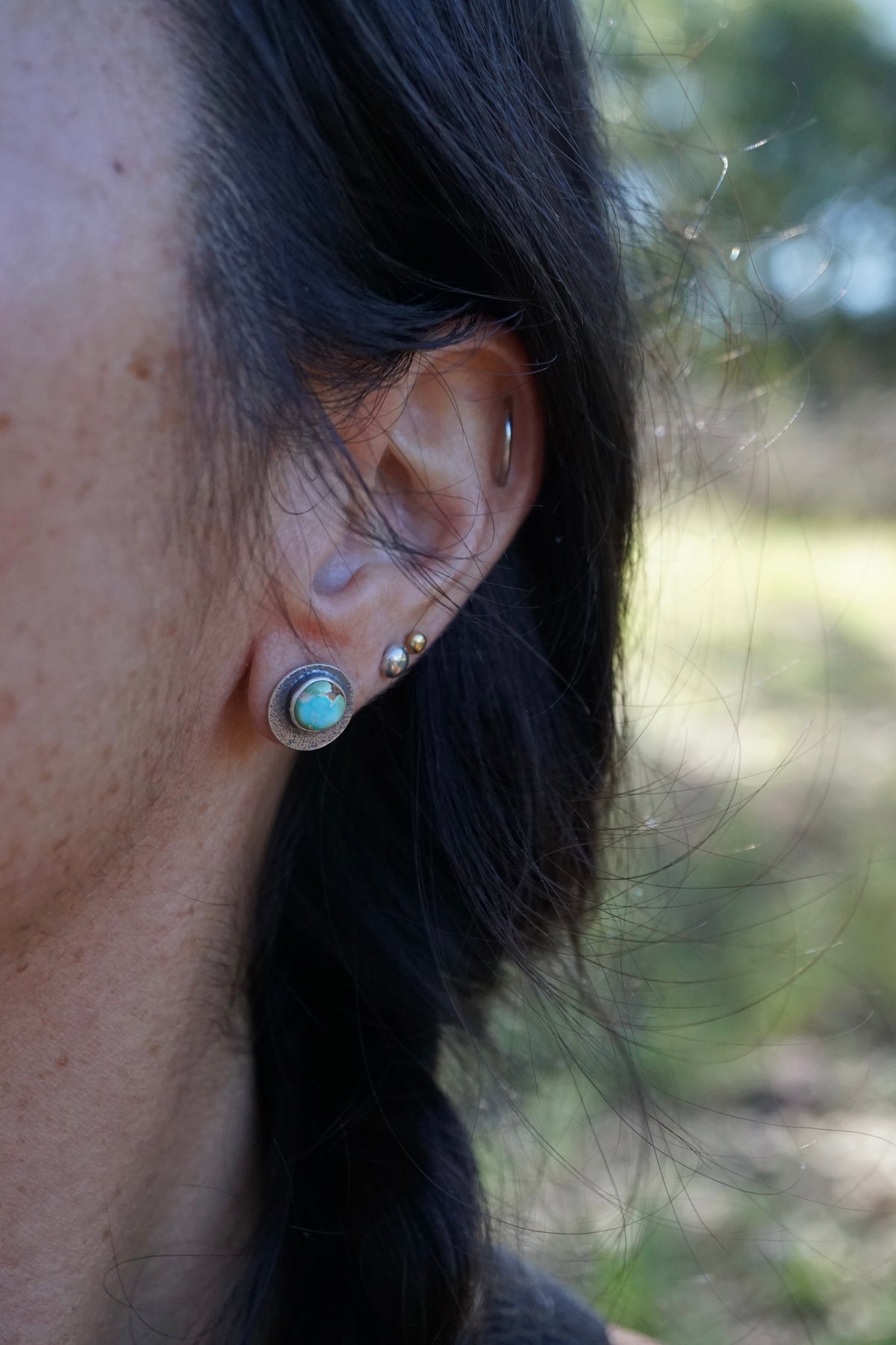 moon studs with polychrome sonoran turquoise