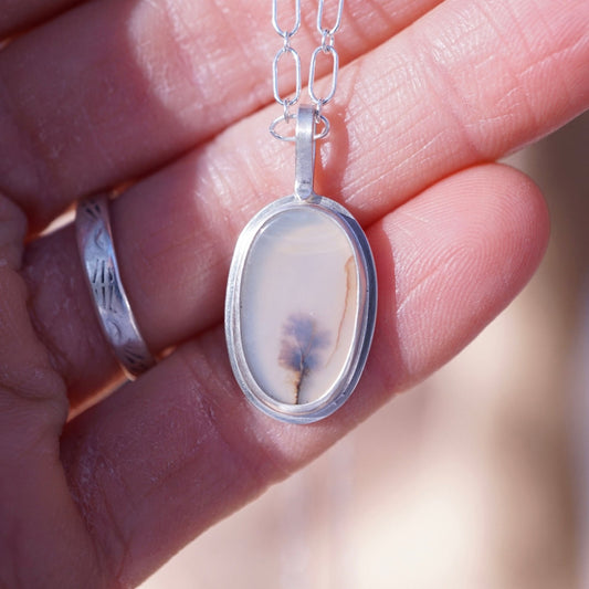 a tree in the mist - dendritic agate oval necklace - Lumenrose