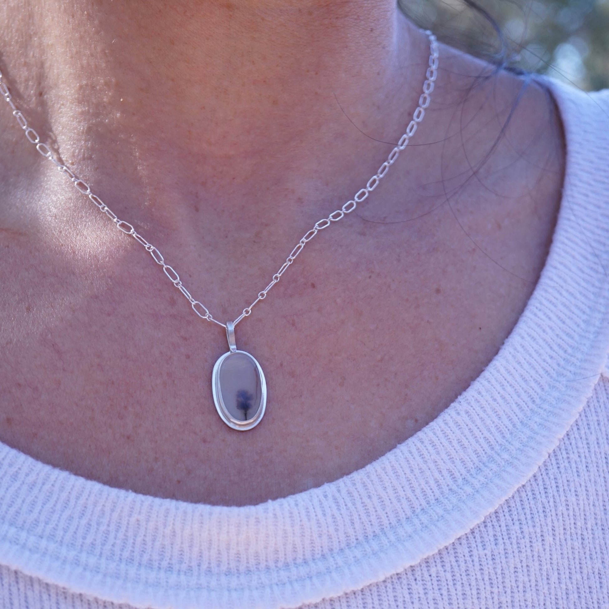 a tree in the mist - dendritic agate oval necklace - Lumenrose