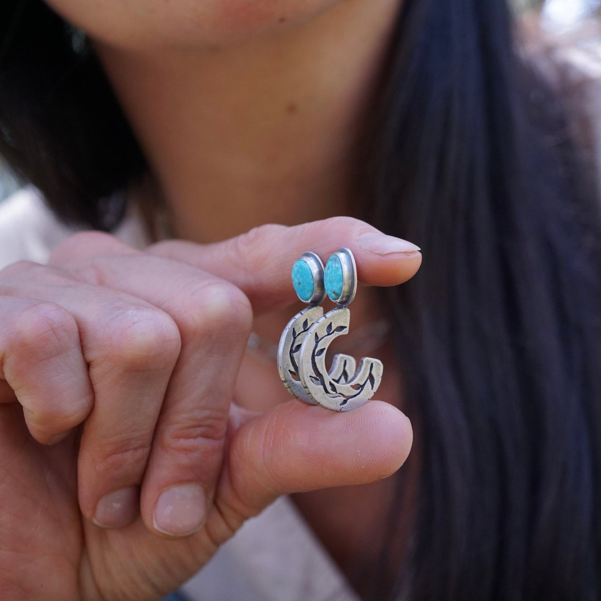 chunky vine hoops with kingman turquoise - pair #1 - Lumenrose