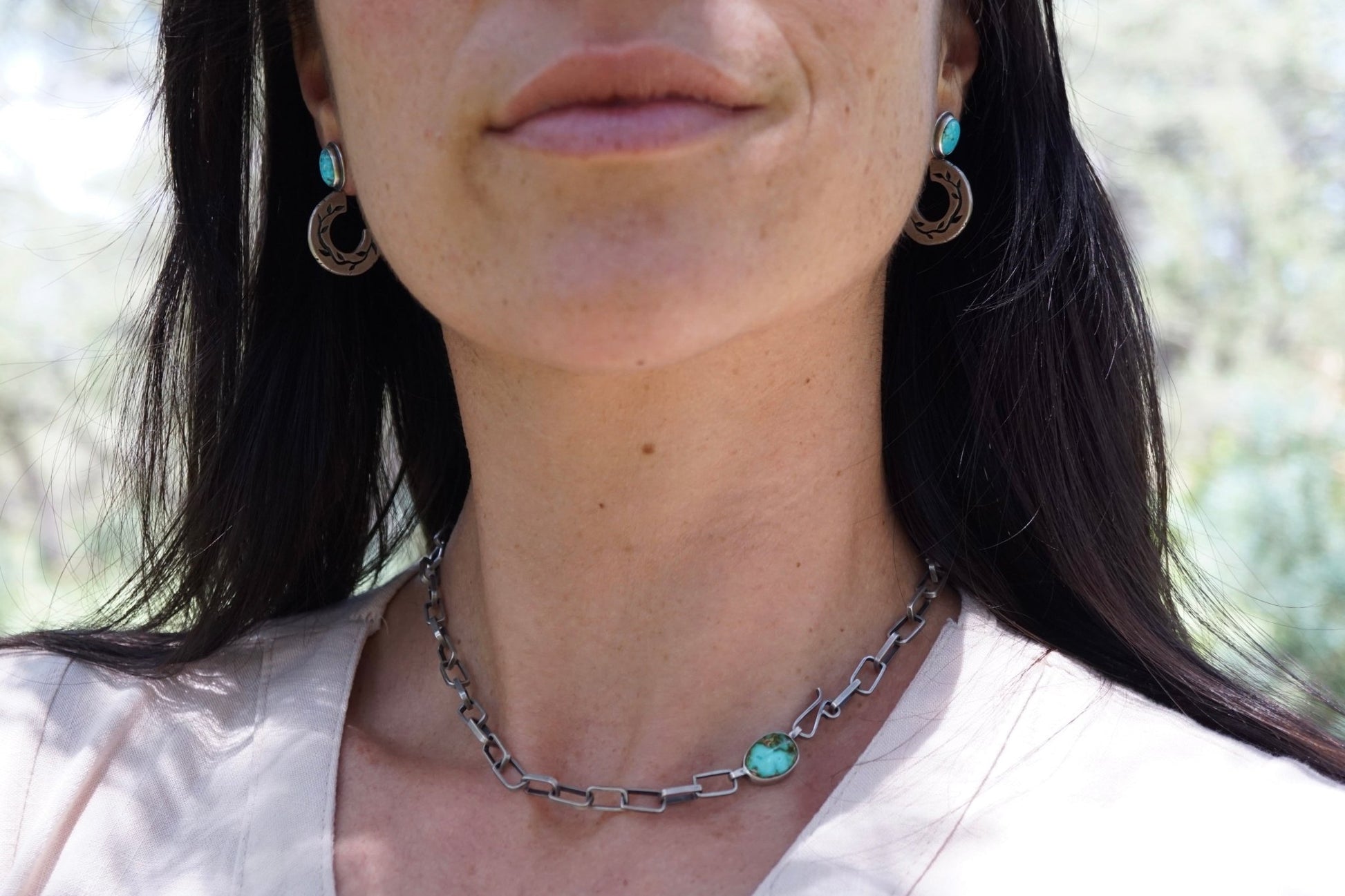 chunky vine hoops with kingman turquoise - pair #1 - Lumenrose