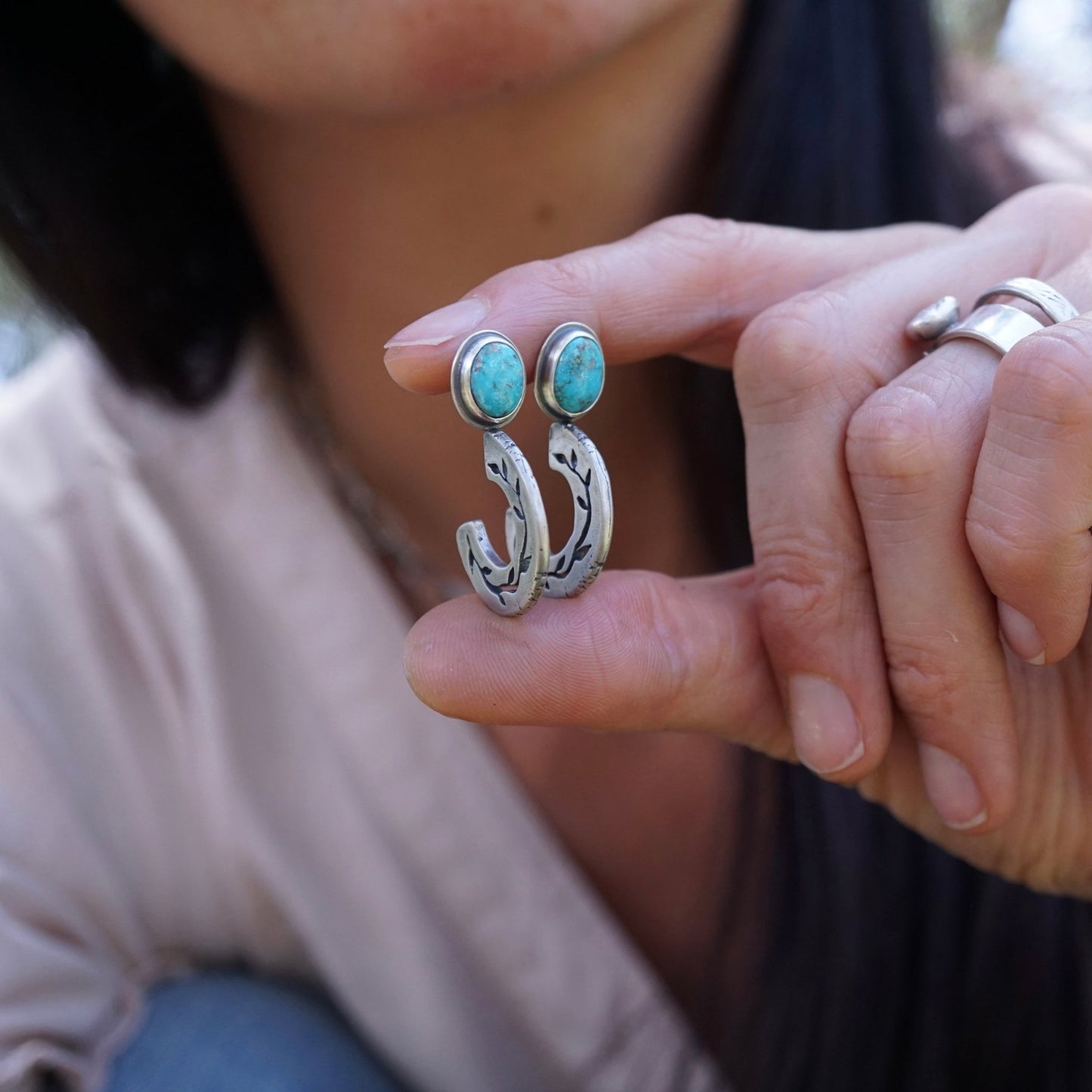 chunky vine hoops with kingman turquoise - pair #2 - Lumenrose