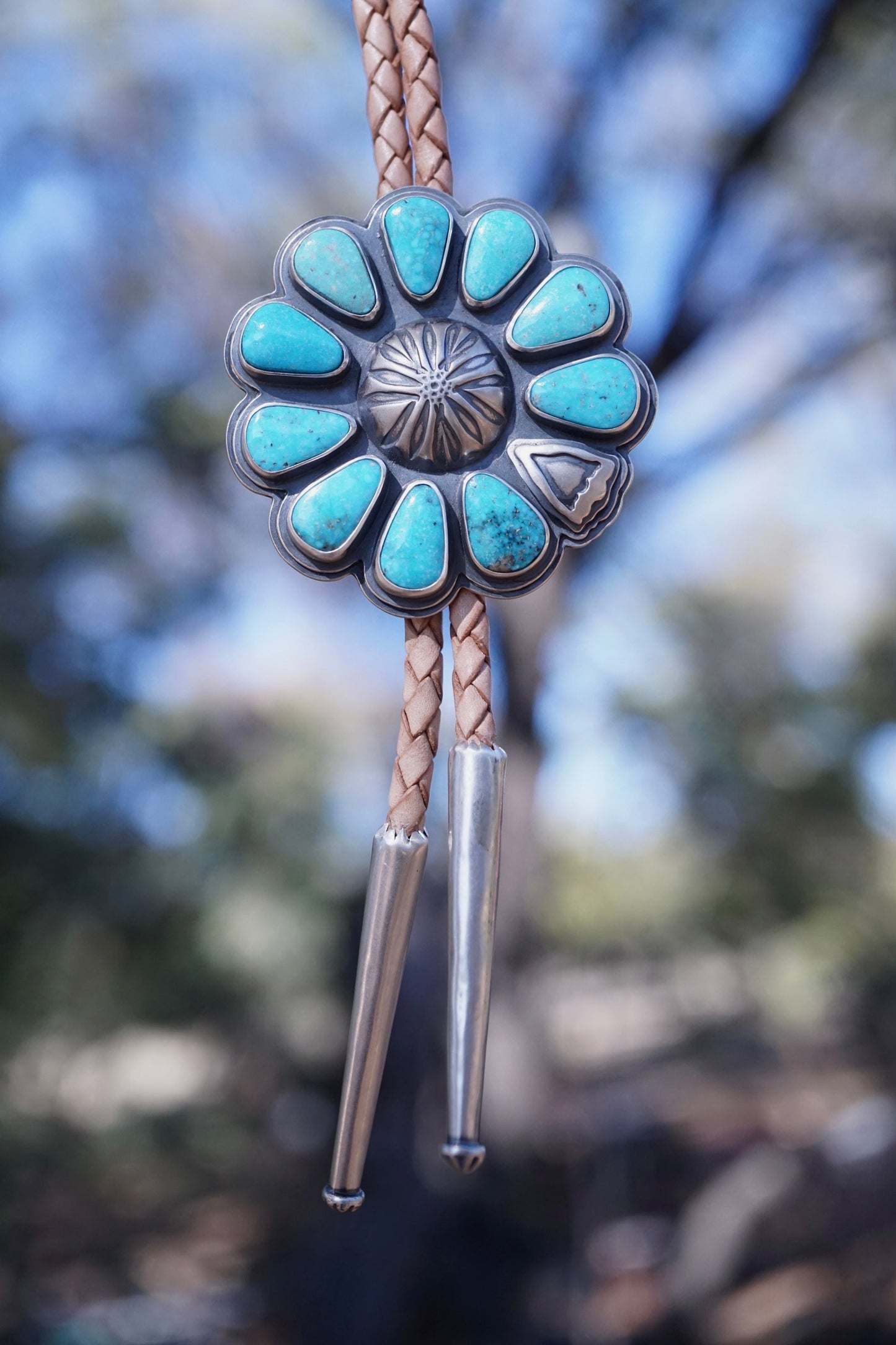 flower burst bolo tie with arizona kingman turquoise - Lumenrose